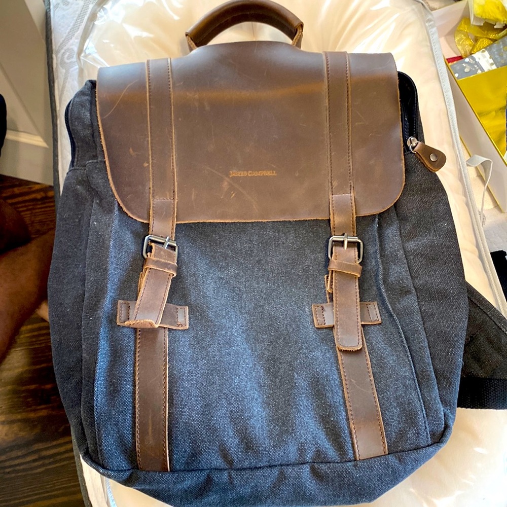 Two tone blue and leather backpack